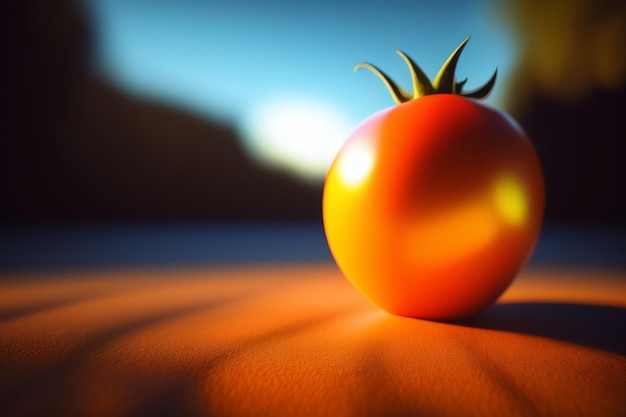 Um tomate está sobre uma mesa em frente a um céu azul.