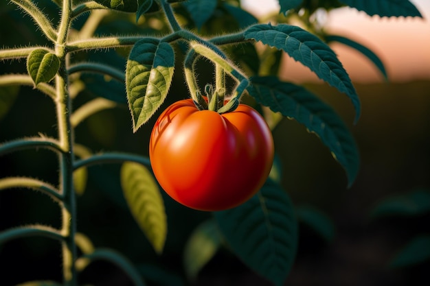 Um tomate na videira é mostrado nesta imagem.