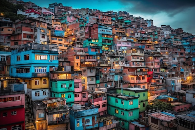 Um topo de colina colorido com muitas casas e luzes