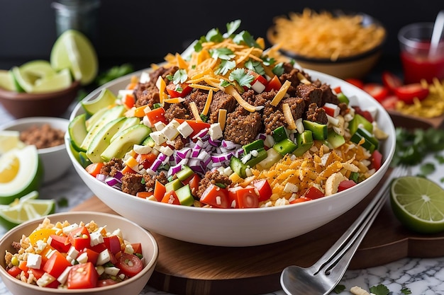 Um toque moderno em um prato clássico: salada de taco com camadas de tortilha crocante e vegetais frescos