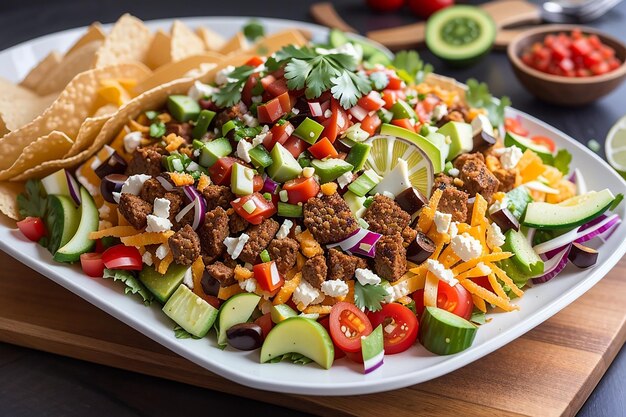 Um toque moderno em um prato clássico: salada de taco com camadas de tortilha crocante e vegetais frescos