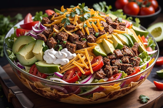 Um toque moderno em um prato clássico: salada de taco com camadas de tortilha crocante e vegetais frescos