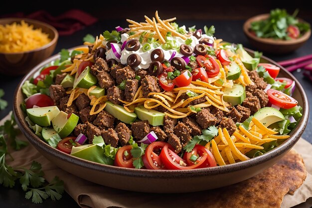 Um toque moderno em um prato clássico: salada de taco com camadas de tortilha crocante e vegetais frescos