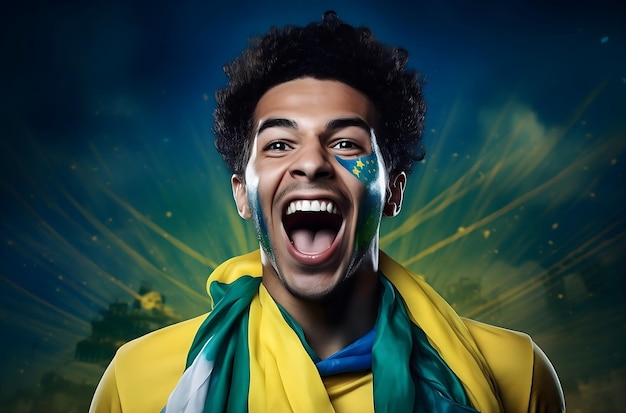 um torcedor de futebol em êxtase usando a bandeira do Brasil
