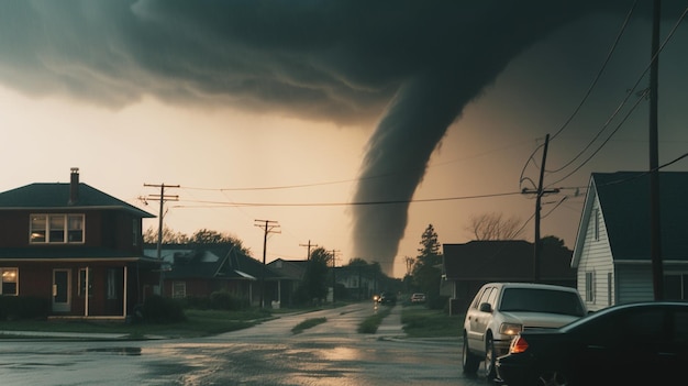 Um tornado é visto à distância de uma casa nos subúrbios de Nova York.