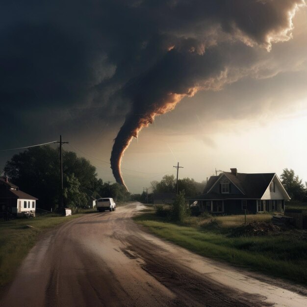 Um tornado está vindo pela estrada e o céu está nublado.