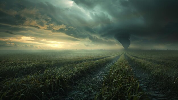 Um tornado se aproximando de uma planície de grama alta sob um céu nublado