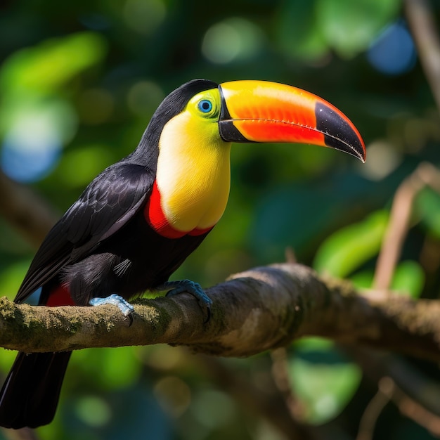 Foto um toucano incrivelmente bonito está sentado num galho