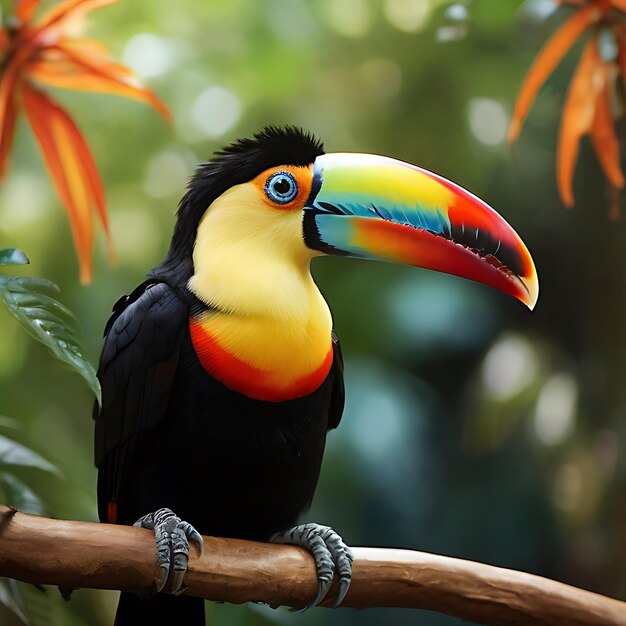 Um toucano requintado com penas vibrantes que se misturam num espectro de cores ousadas geradas pela IA