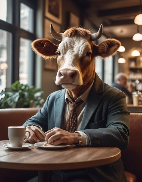 Foto um touro antropomórfico em um terno com uma gravata senta-se em uma mesa em um café com uma chávena de café