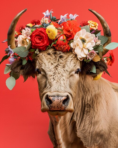 um touro com flores na cabeça e as palavras selvagens no fundo vermelho