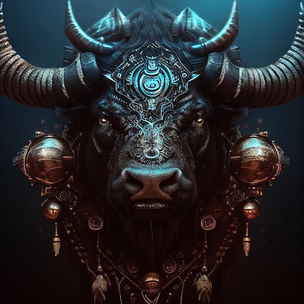 Foto um touro com uma cabeça prateada e uma cabeça prateada com um padrão nela.