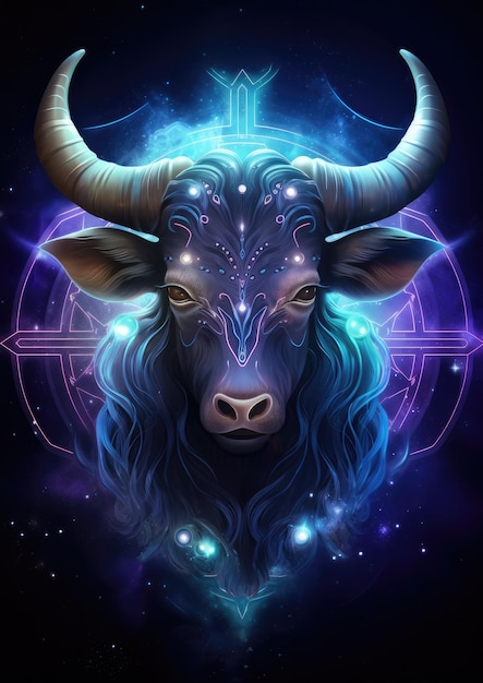 Um touro com uma luz azul em seus chifres taurus canta no horóscopo animal Generative Ai