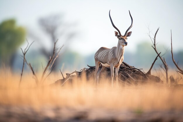 Foto um touro kudu solitário explorando um monte de cupins