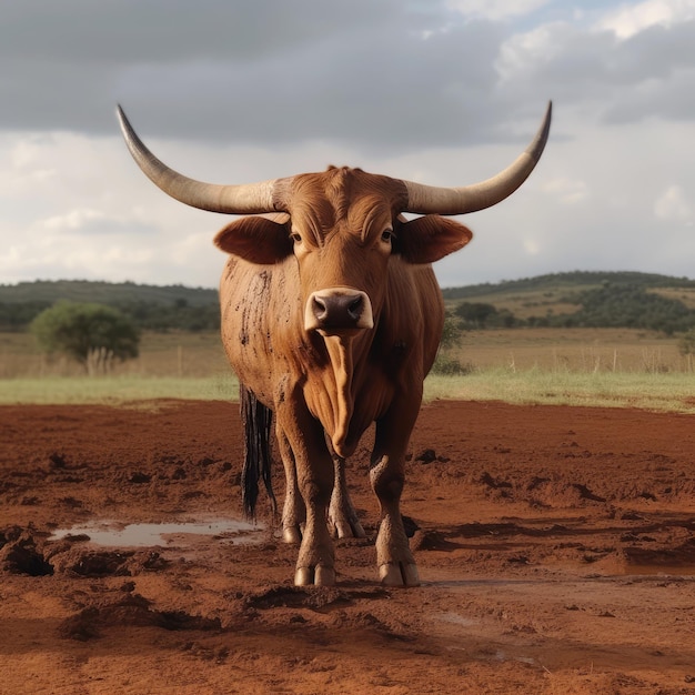 Um touro marrom com chifres fica em um campo de sujeira generativa ai