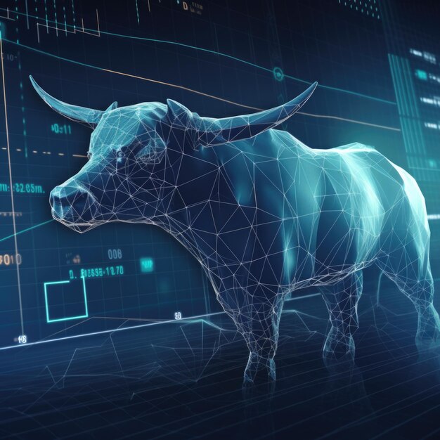 Um touro no fundo dos gráficos de uma troca de criptografia geradora de IA