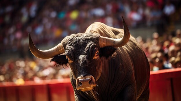 Foto um touro numa vibrante arena de touros espanhola