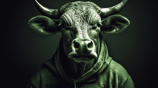 Foto um touro vestindo um moletom com uma camisa verde que diz 'touro'