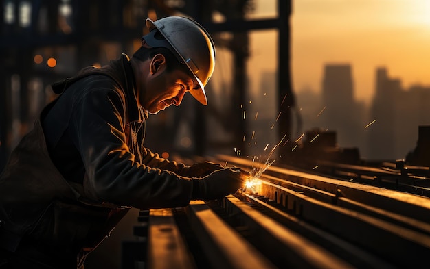 Foto um trabalhador a soldar num canteiro de obras.