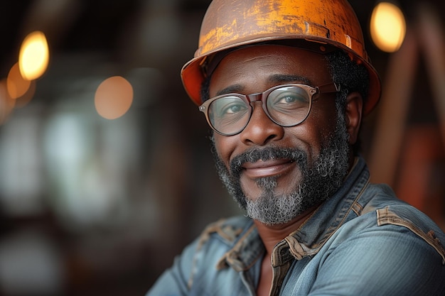 Um trabalhador da construção afro-americano com óculos sorrindo trabalho para todos