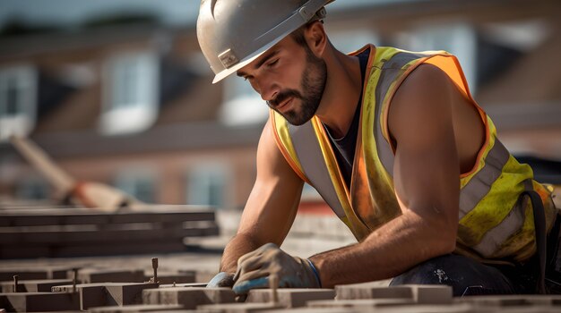 Foto um trabalhador da construção azulejando o telhado de uma nova propriedade residencial