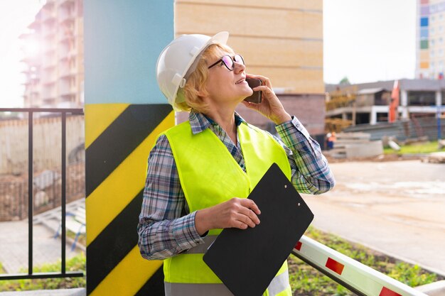 Um trabalhador da construção civil feminino em um colete verde e capacete branco no fundo de uma casa nova. Ela inspeciona e fala ao telefone.