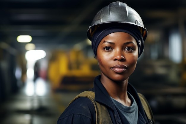 Um trabalhador da construção civil negro dedicado em capacete e equipamento em meio a máquinas de fábrica Generative AI