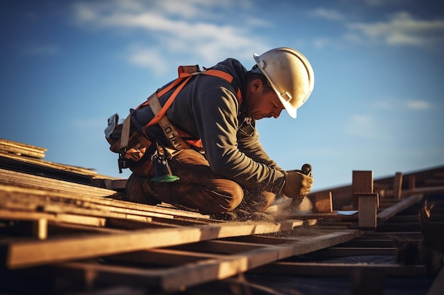Um trabalhador da construção civil trabalhando em um telhado Generative Ai