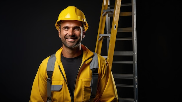 Um trabalhador da construção civil usando um capacete amarelo e luvas de trabalho em pé em uma escada