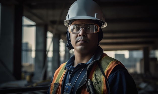 Foto um trabalhador da construção civil usando um capacete e óculos de segurança está em um canteiro de obras.
