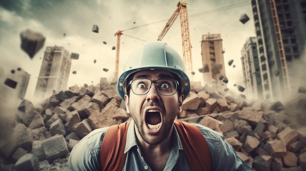 Um trabalhador da construção civil usando um capacete e óculos está gritando com uma pilha de escombros.