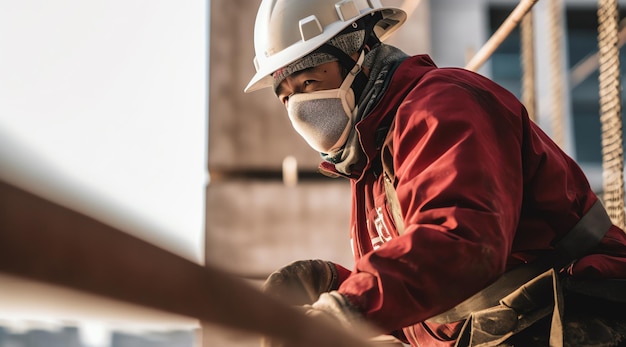 Um trabalhador da construção civil usando um capacete e um capacete de segurança senta-se em um telhado.