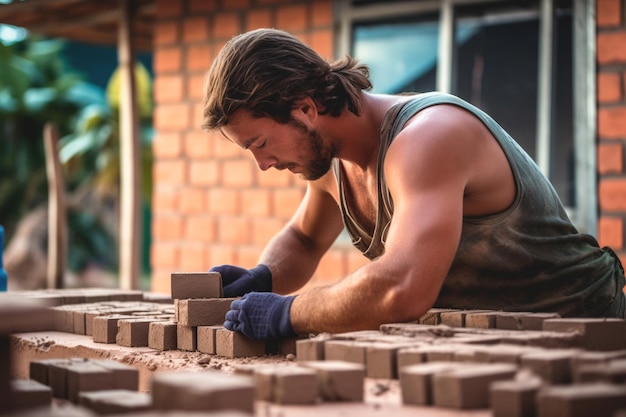 Foto um trabalhador da construção empilhando tijolos cuidadosamente um trabalhador de construção concentrado colocando tijolos em uma parede