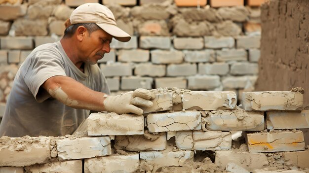 Foto um trabalhador da construção está construindo uma parede de tijolos. ele está usando um chapéu e luvas e ele está usando uma pá para espalhar argamassa entre os tijolos.