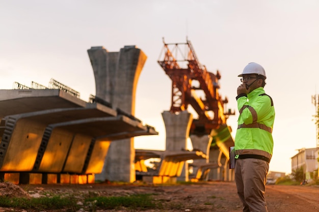 Foto um trabalhador da construção está de pé numa ponte a falar no telemóvel.