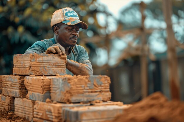 Um trabalhador da construção feliz colocando tijolos e cuidadosamente alinhando-os para construir uma parede robusta orgulhando-se do artesanato