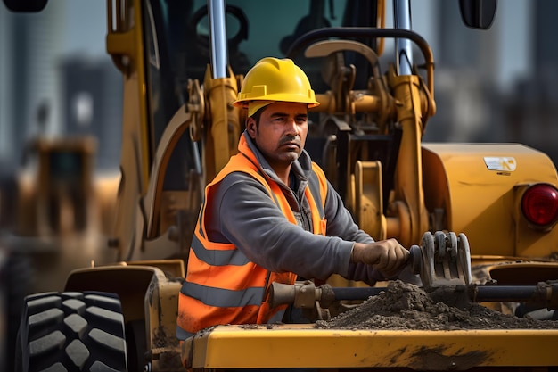 Um trabalhador da construção operando máquinas pesadas em um canteiro de obras