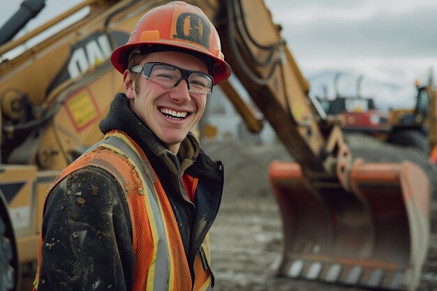 Um trabalhador da construção sorrindo enquanto opera máquinas pesadas para mover materiais ao redor do local de construção exibindo habilidade e eficiência
