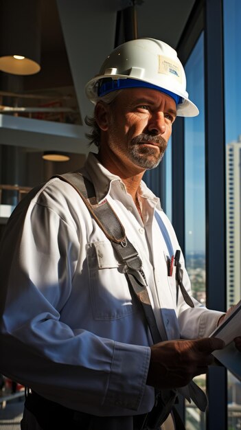 Um trabalhador da construção usando um chapéu duro olha para o horizonte da cidade