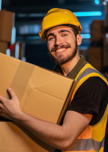 Um trabalhador de armazém sorridente está de pé em um armazém e segurando uma caixa de papelão em suas mãos