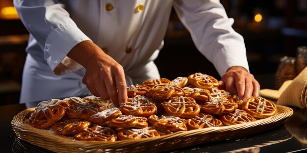 Um trabalhador de camisa branca colocando pretzels Uma pessoa em uniforme de cozinheiro colocando uma pastelaria em uma cesta