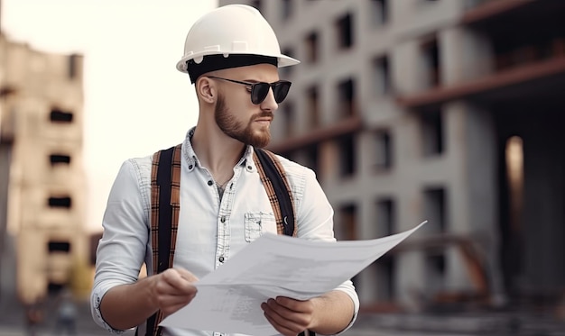 Um trabalhador de construção de conteúdo segurando uma planta com um capacete Criando usando ferramentas generativas de IA