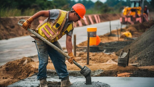 Um trabalhador de construção derramando concreto molhado em um local de construção de estradas