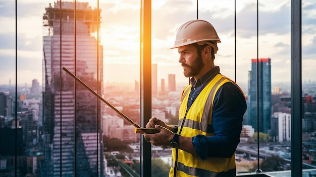 um trabalhador de construção em um chapéu duro está de pé na frente de uma janela com uma vista do horizonte da cidade