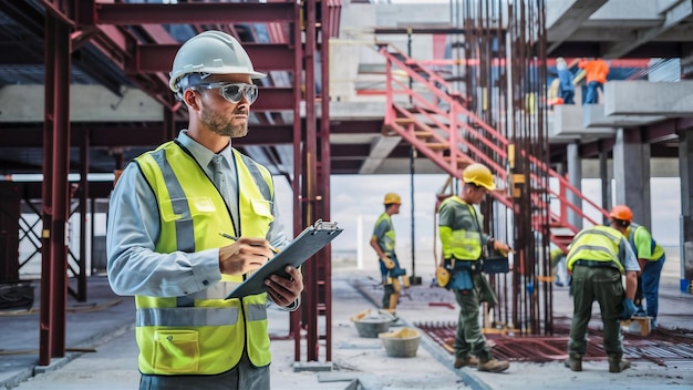 um trabalhador de construção está de pé na frente de uma escada vermelha