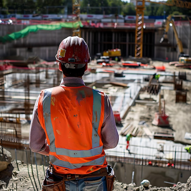 um trabalhador de construção está em frente a um local de construção