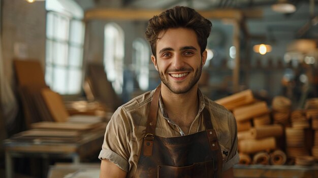 Foto um trabalhador de couro sorridente.