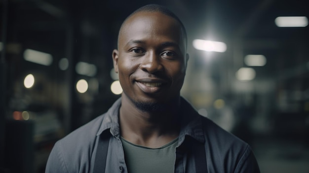 Um trabalhador de fábrica eletrônico africano sorridente em pé na fábrica