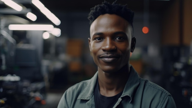 Um trabalhador de fábrica eletrônico africano sorridente em pé na fábrica