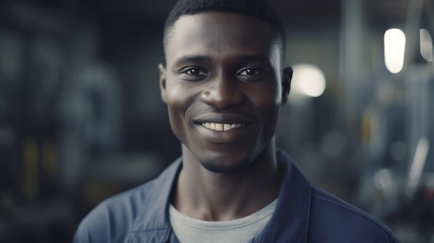 Um trabalhador de fábrica eletrônico africano sorridente em pé na fábrica